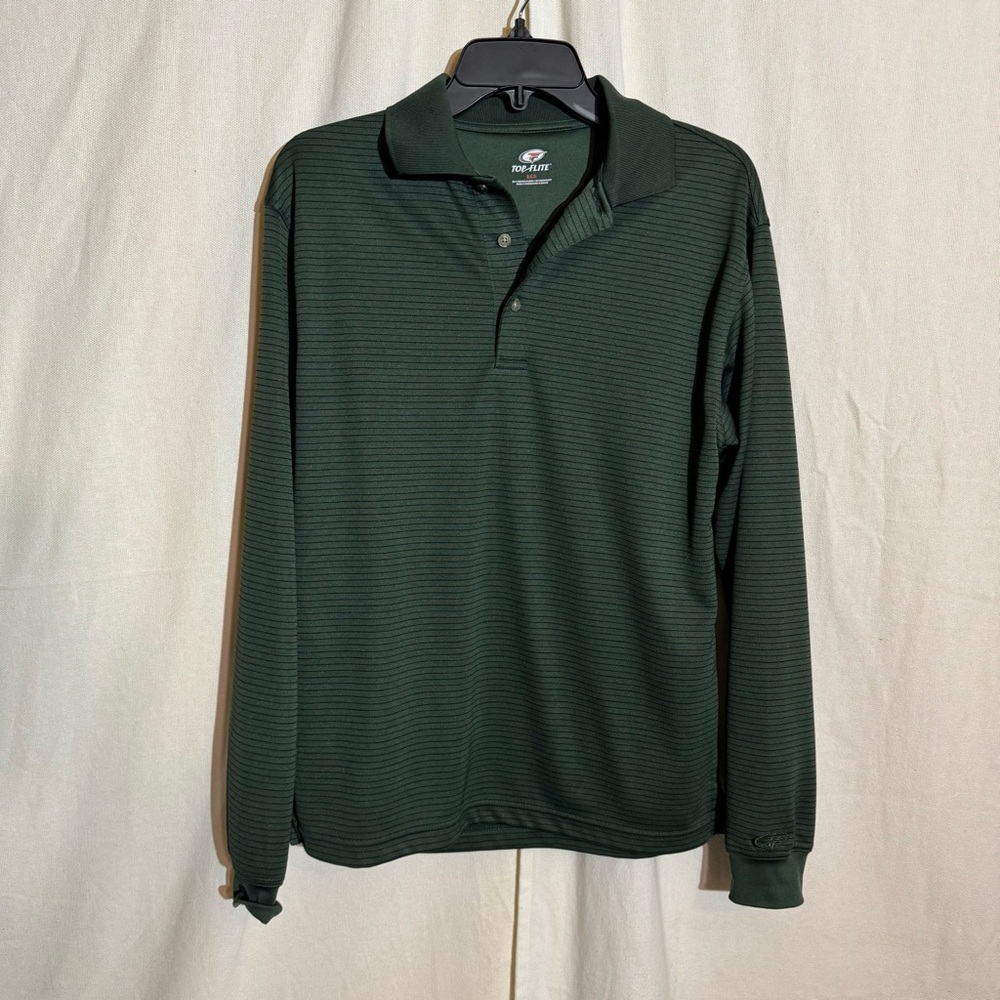 Top Flite // Men's Green, black stripe Polo Shirt long sleeves size small Mar2